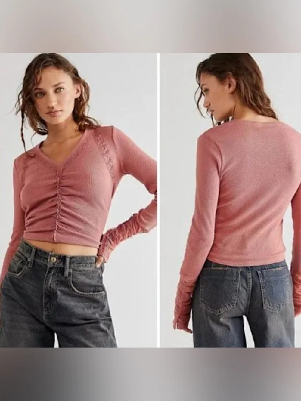 Free People Dusty Rose Pink V-Neck Wear Me Out Ruched Long Sleeve Top Size Large